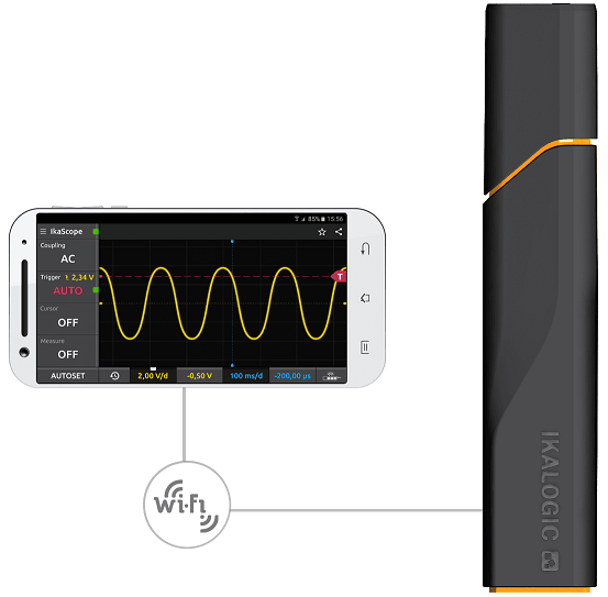 IkaScope wireless oscilloscope connected to smartphone via Wifi