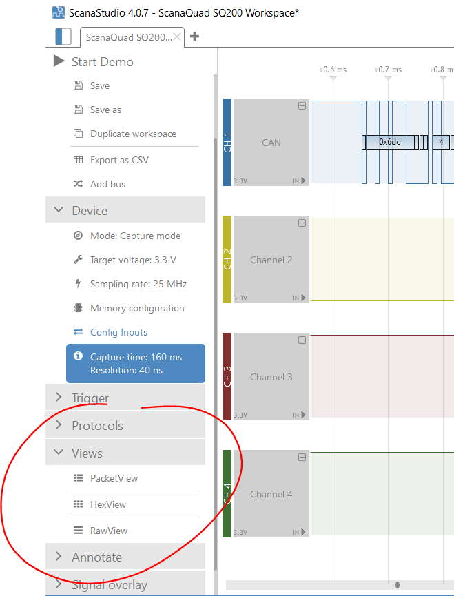 views menu in ScanaStudio